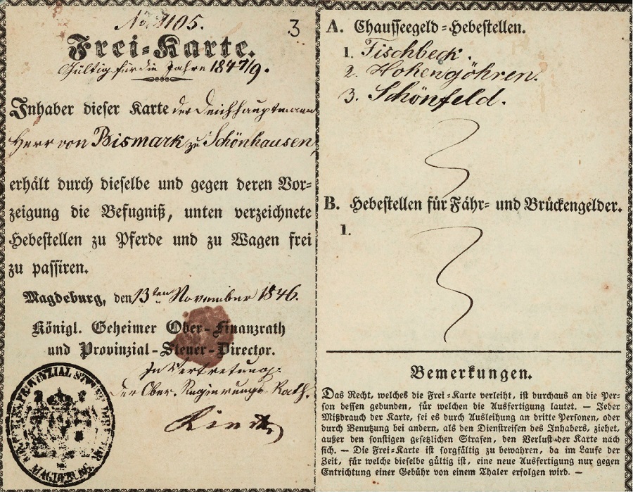 Bismarck Deichhauptmann Hebestellen Freikarte 1846 1